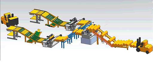 Linha de descascamento de folheados em torno de madeira compensada